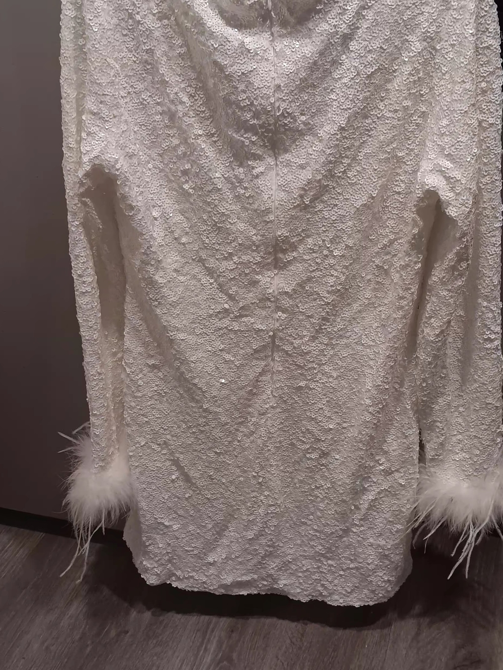 Fashion Nova White Sequined Long Sleeve Mini Dress with Feather Cuffs